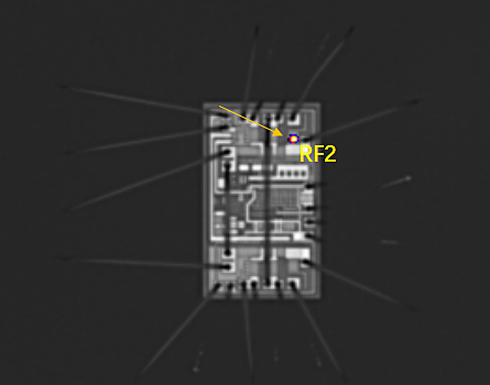 OBIRCH測試，發現異常的RF2腳與GND之間，進行精準掃描，圖像上瞬間呈現出一個異常明亮的斑點